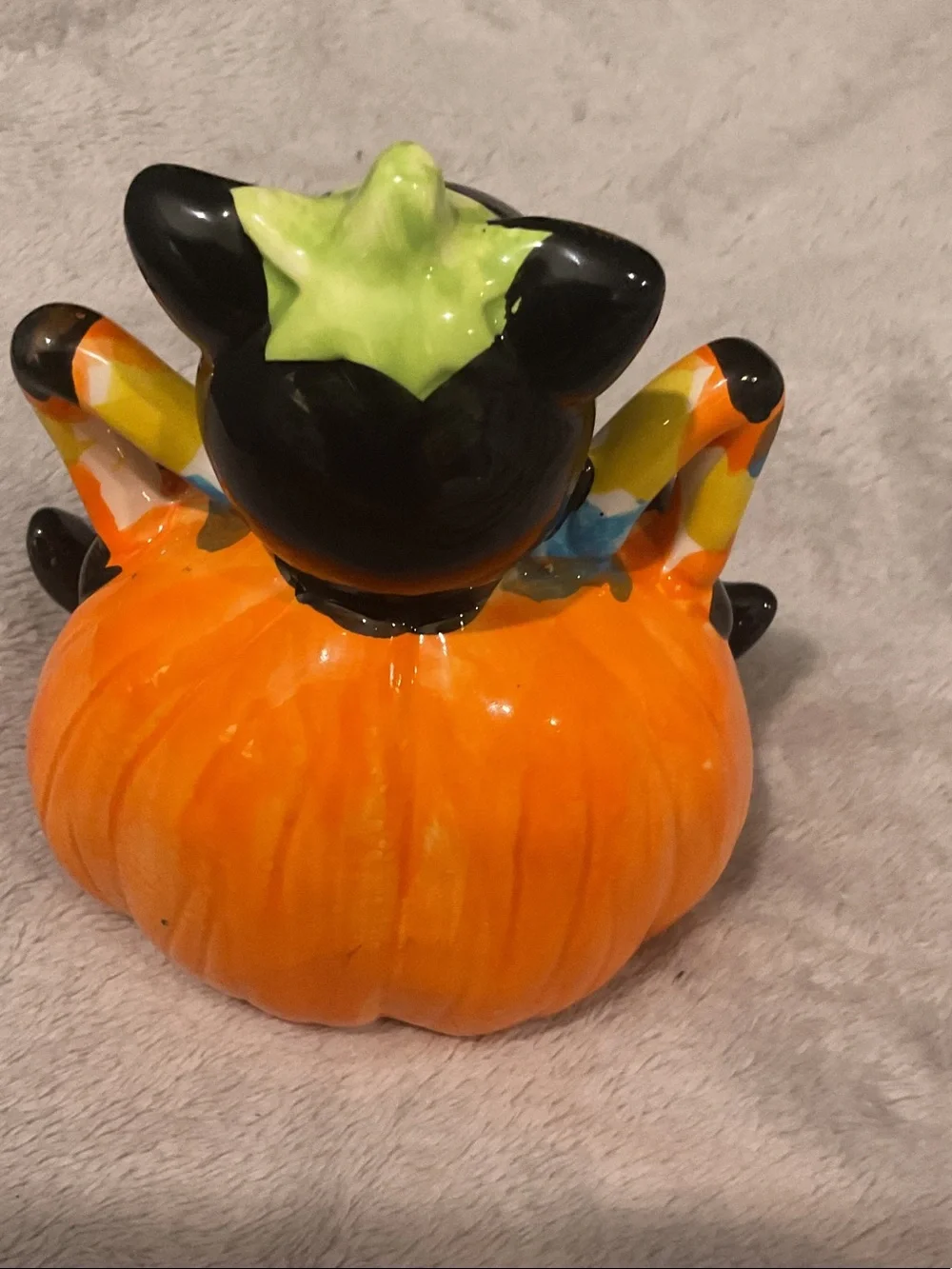 Hand-Painted Ceramic Halloween Cat on Pumpkin